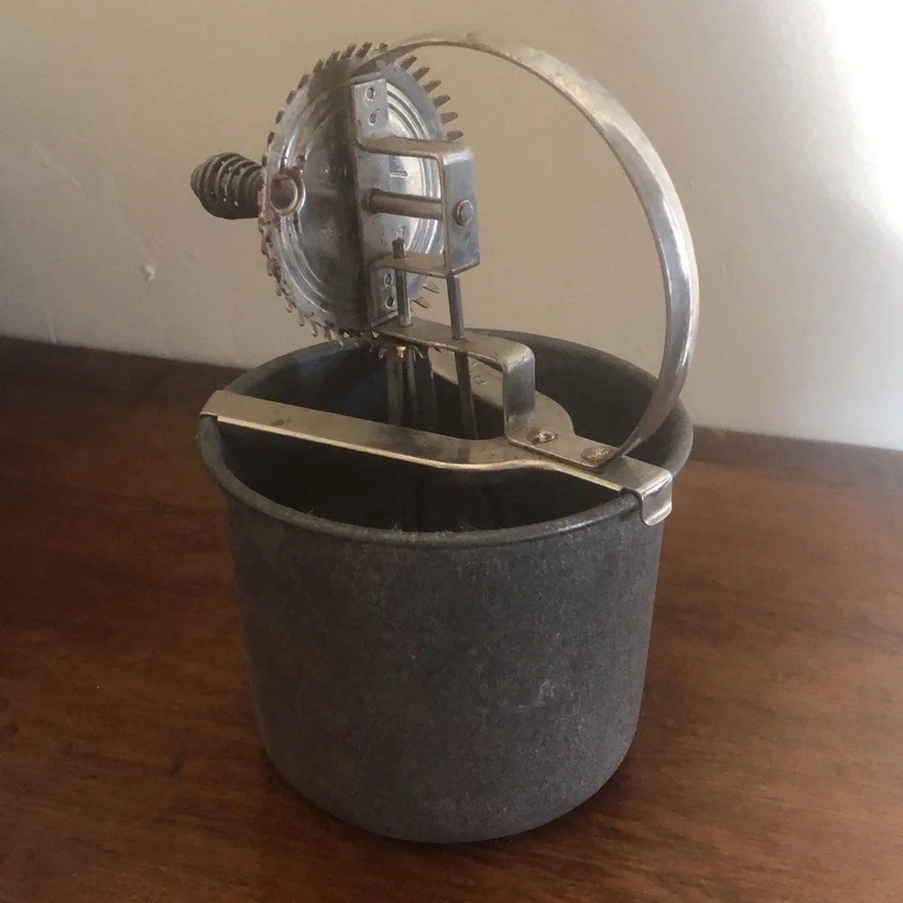 Antique Vintage Tin Metal Full Vision Egg Beater Mixer Set with Bowl Complete